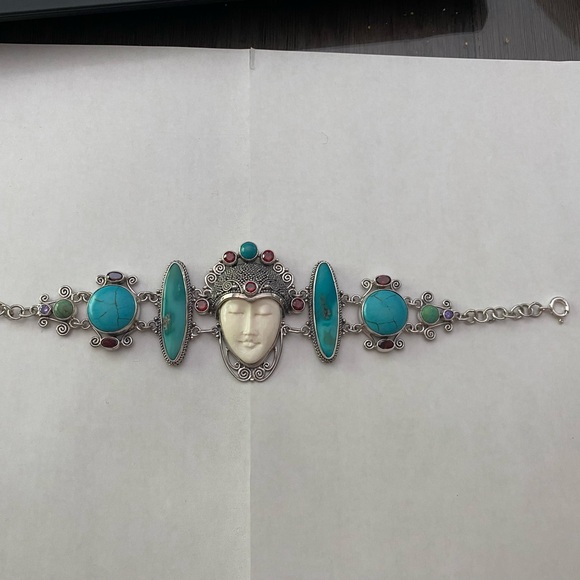 Sterling Silver Moon Goddess Carved Face Bracelet Garnet Turquoise!!!! - Picture 3 of 6